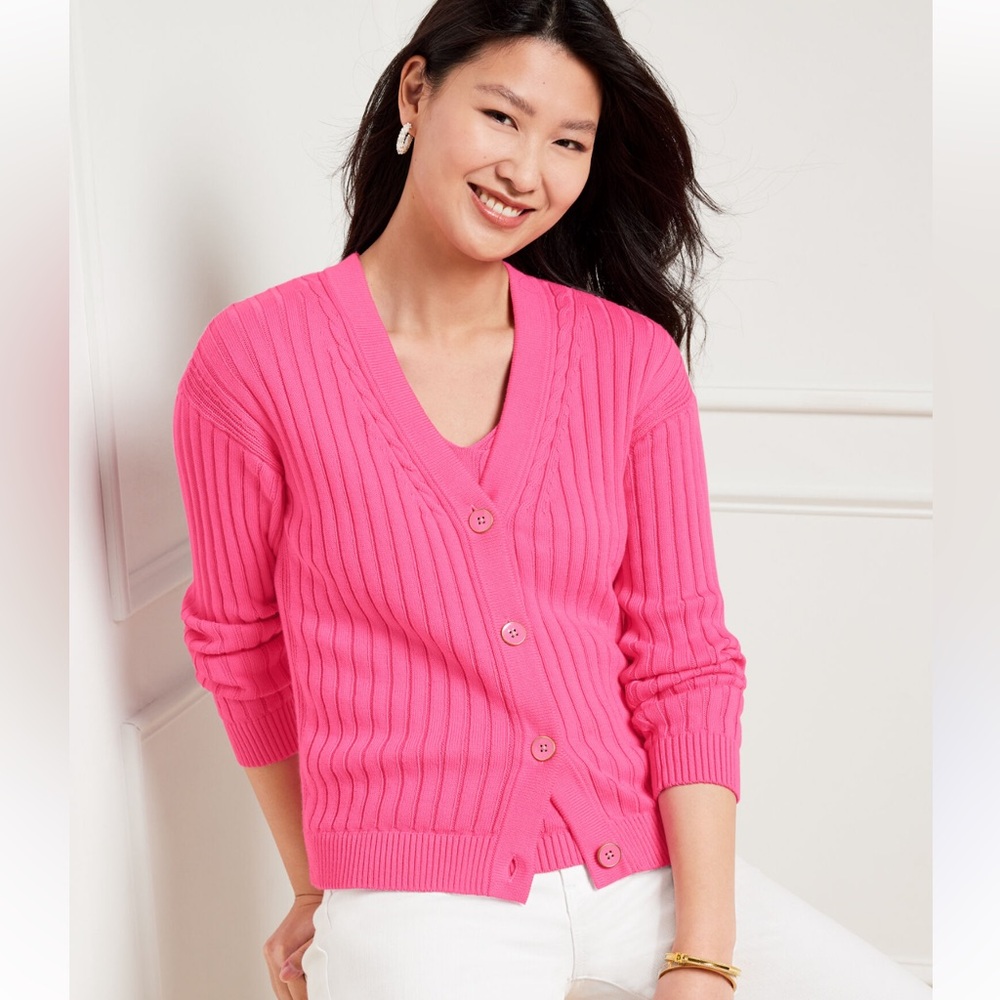 Talbots Hot Pink Ribbed V-Neck Button Cardigan - Picture 2 of 8